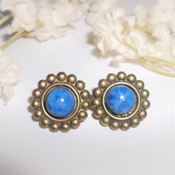 Blue & Bronze Earring Set Stud Post Back Fashion Accessory Jewelry Pair 6853 - Picture 2 of 6